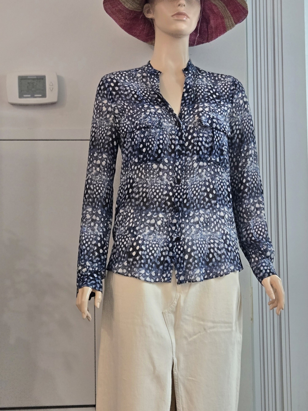 BCBGMaxAzria 100% SILK Navy and White Dot-Print Long-Sleeve Blouse XS